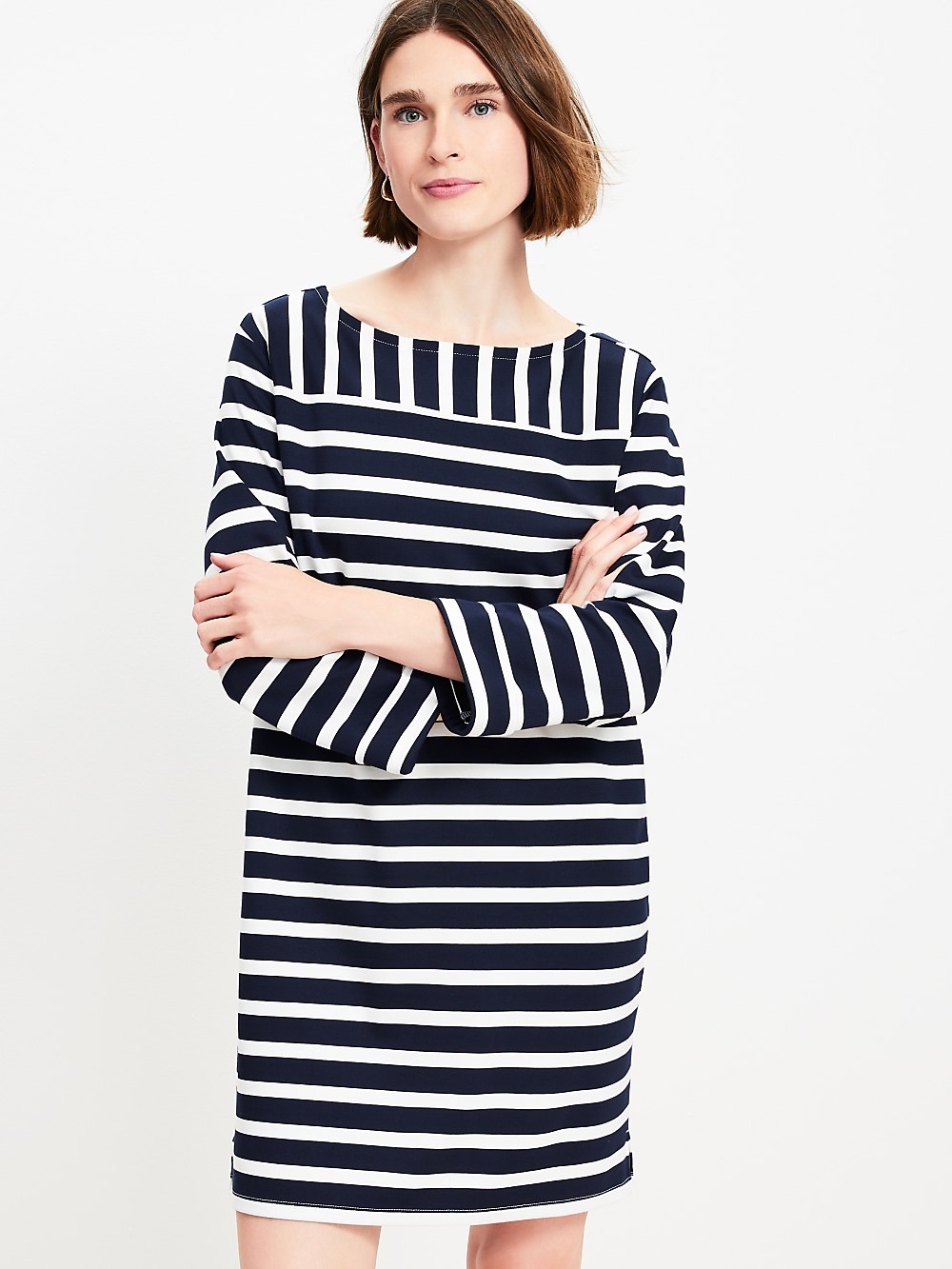 LOFT Navy and White Striped Long Sleeve Shift Dress